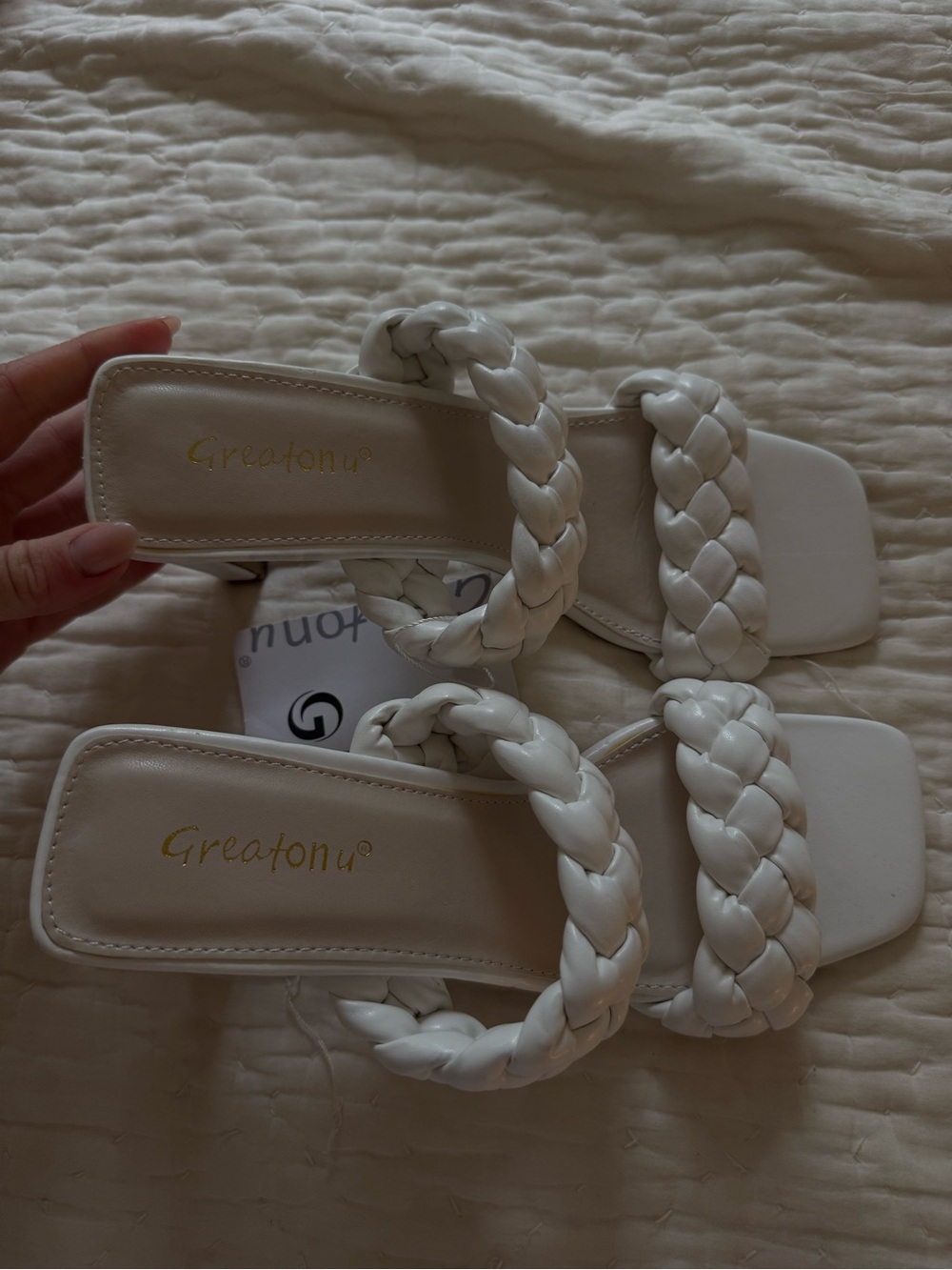 Greatonu White Braided Double-Strap Slide Sandals